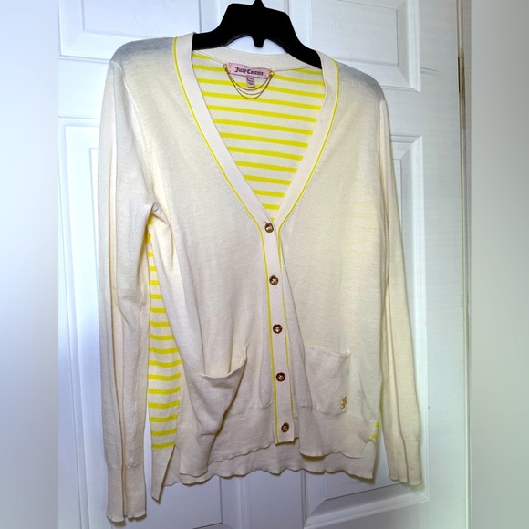 Juicy Couture Ivory Cardigan With Yellow Stripe Back Medium Lightweight V Neck - Picture 1 of 7